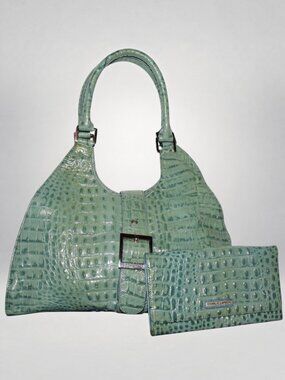 Charlie Lapson Mint Green Croc Embossed Satchel Purse w/ Matching Wallet
